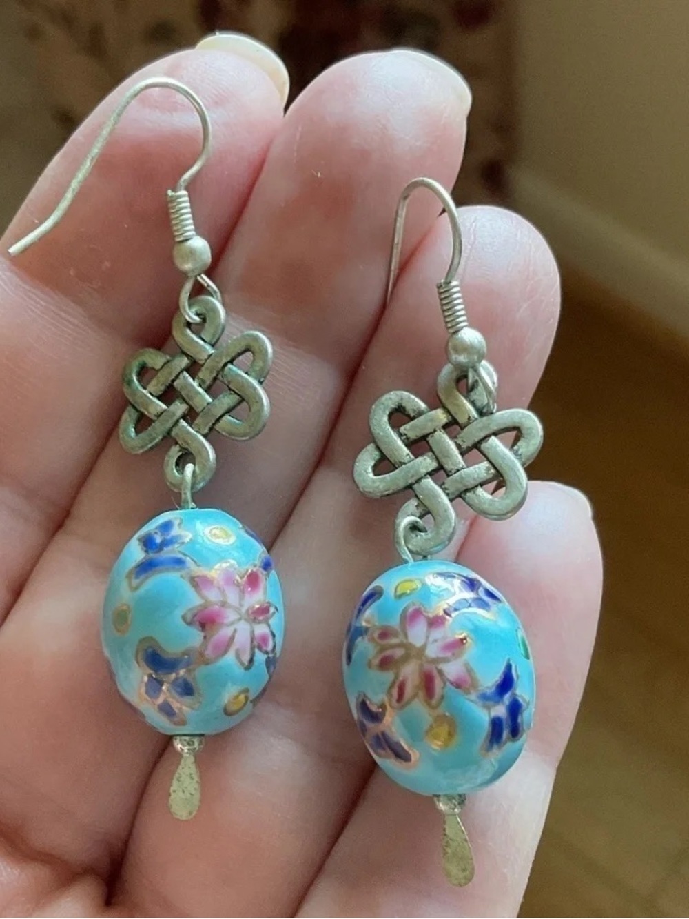 Handcrafted Turquoise Floral Cloisonné Drop Earrings